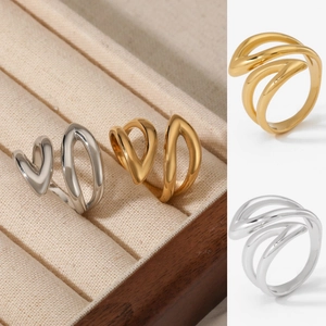 316 Stainless Steel Leaf Open Ring For Women PVD Gold Plated Irregular Winding Flowing Line Minimalist Hypoallergenic