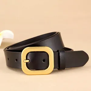 Classic black leather belt for women featuring a vintage square gold metal pin buckle