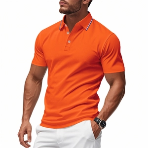 Detailed view of bright orange polo shirt with tri-color striped collar and buttons