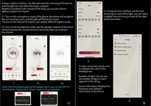 Smartphone app interface showing music rhythm and timer settings for LED light control