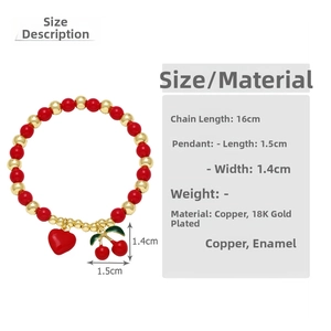 Detailed view of beaded bracelet with cherry and heart pendants including size specifications