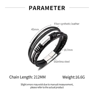 Detail view of multi-layer black braided leather bracelet with stainless steel clasp