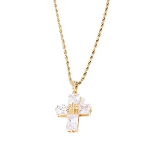 Gold rope chain necklace with a cross pendant featuring large rectangular clear crystals