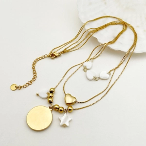 Three-layer gold pendant necklace featuring star, heart, and round disc charms for women