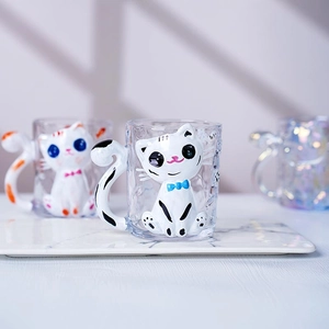 3D cute cat glass mug with blue bowtie on marble tray for coffee or juice