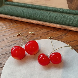 Red Cherry Shape Drop Earrings Resin Copper Alloy Fruit Dangle Jewelry For Women Festive Sweet Style Accessory