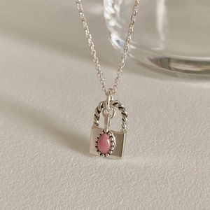 925 Sterling Silver Padlock Pendant Necklace With Pink Gemstone Vintage Twist Rope Detail Jewelry For Women