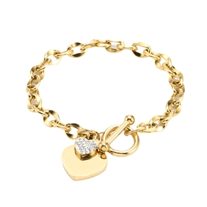 Double Heart Pendant Bracelet Stainless Steel Rhinestone Encrusted Toggle Clasp Fashion Jewelry For Women