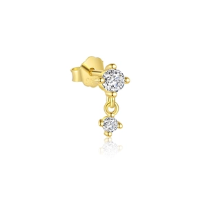 Detail of S925 sterling silver gold stud earrings featuring two clear heart-shaped zircons