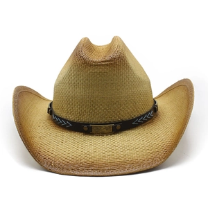 Classic straw cowboy hat with wide brim and vintage buckle band on white background