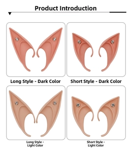 Detail view of long and short latex elf ears with white rhinestones in various skin tones