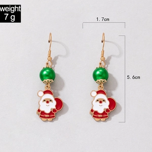 Detailed view of colorful Santa Claus drop earrings featuring green beads, 5.6cm length