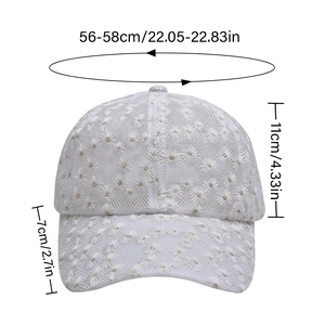 White lace mesh baseball cap with daisy embroidery and size guide specifications