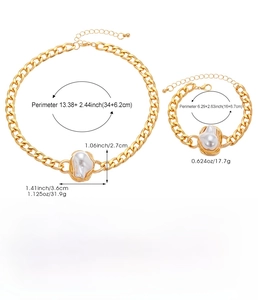 Detailed size chart showing baroque pearl necklace and bracelet set dimensions in inches