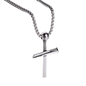 Cross pendant necklace made of baseball bats and ball with a square pearl chain