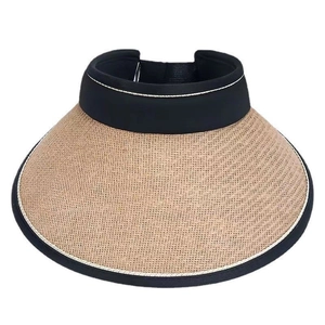 UPF50+ wide brim straw sun visor hat for women with black trim and open top design