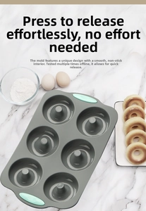 Detail of 6-cavity silicone donut mold with mint green handles on marble surface