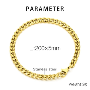5mm golden stainless steel cuban chain bracelet specifications with 200mm length detail