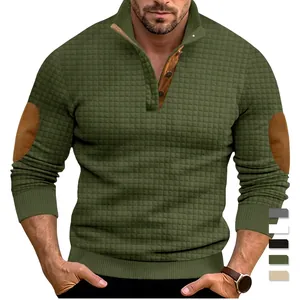 Olive green waffle knit pullover for men with elbow patches and three-button collar