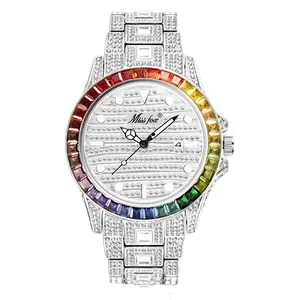 Luxury silver quartz watch featuring rainbow gradient bezel and full diamond-set bracelet