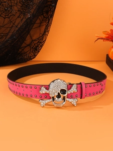 Pink leather belt with silver rhinestone skull buckle and metal studs detail