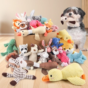 Durable plush dog squeaky toys set featuring assorted animals on a wooden floor