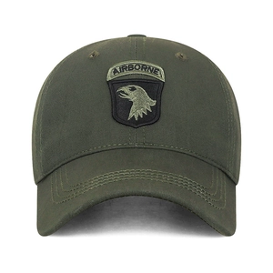 Olive green military canvas baseball cap with Airborne embroidery and eagle shield patch
