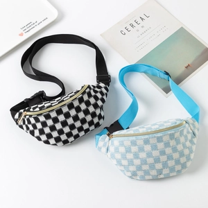 Unisex checkered knit waist bags in black and blue with adjustable straps for sports