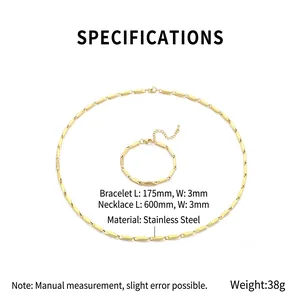 Golden stainless steel necklace and bracelet set with geometric links and measurements