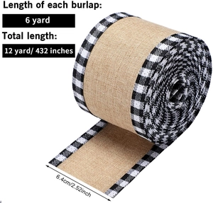 Detail of 2.52 inch burlap ribbon with black and white gingham edges for gift wrapping