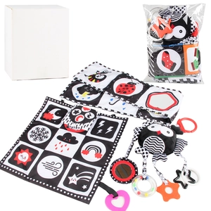 High-contrast black and white baby sensory toy set with owl rattle and cloth book