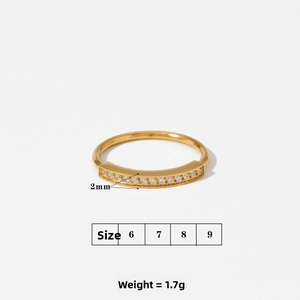 Detail of 2mm slim 18K gold plated ring with cubic zirconia inlay for women