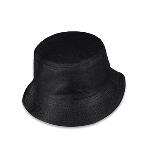 Detailed view of black cotton bucket hat texture with minimalist wide brim and rounded top