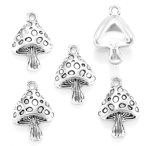 Five silver alloy mushroom pendants showing front and back views on white background