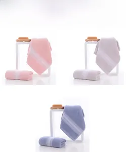 Detailed view of soft cotton towels in pink and blue colors with woven stripe patterns