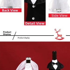 Detailed views of bride veil and groom suit wine bottle covers for wedding decor