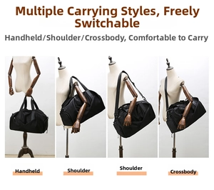 Versatile black travel bag shown in four carrying styles: handheld, shoulder, and crossbody