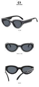 Mise en page en trois vues de lunettes de soleil œil-de-chat noires à lignes blanches