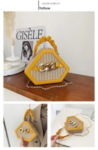 Detailed view of yellow hexagonal woven shell bag with golden chain and pleat handle