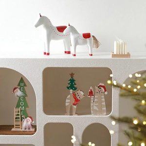 Wooden Christmas table decorations set with rocking horse, cat figure and Welcome tree