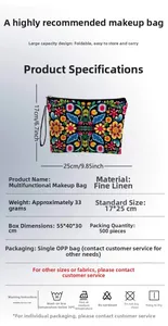 Detail showing dimensions 17x25cm and linen material for the portable makeup bag