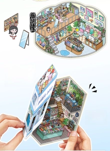 Detail of 3D miniature creative stationery stickers with matte film and pop-up store scene