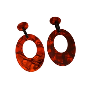 Red acrylic oval drop earrings with amber tortoise texture and silver stud post