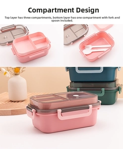 Double-layer bento box with divided compartments, cutlery set, and secure side latches