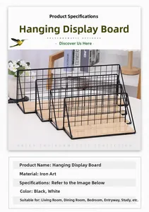 Detail of hanging metal grid rack with solid wood base for wall storage and decoration