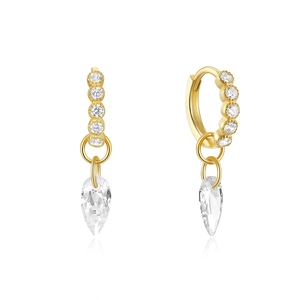 Detail view of gold 925 sterling silver drop earrings with white cubic zirconia stones