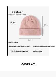 Detailed dimension view of the solid color ribbed knit beanie, showing width, height and specs.