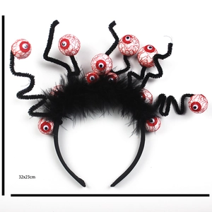 Halloween eyeball headband with red feathers and black fur, size 32x23cm, for party decor