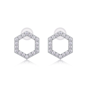 Front macro view of hexagonal silver stud earrings with sparkling white cubic zirconia stones