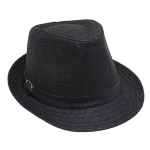 Detail of black woven Fedora hat featuring a leather strap with silver buckle detail